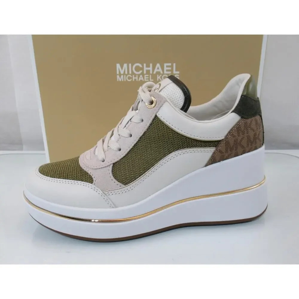 Michael Kors Emmy Wedge Trainer Lace Up Sneakers Leather Husk Multi - Picture 2 of 9